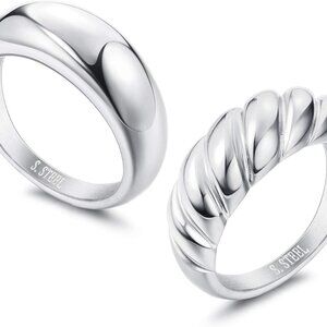 2Pcs Chunky Stainless Steel Rings Gold Silver for Women Size 5-10 Fashion